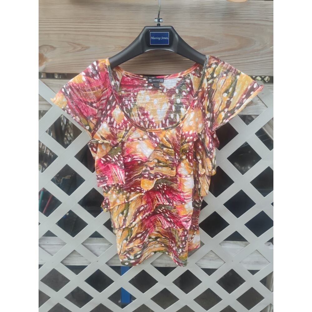 Women's Blouse Size Medium Red Abstract Print Ruffle Tiered Made in Usa Boho Y2k